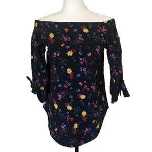 ARITIZIA BABATON Malik Blouse Off the Shoulder Top Size XXS Indigo Blue Floral